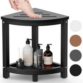 ONSGLM Shower Stool - Corner Bench Seat with HDPE Waterproof Shaving Legs, Baffle Storage Shelf, Indoor/Outdoor Use, Black