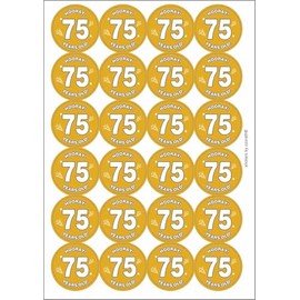 Hooray 75 Seventy Five Seventy Fifth 75th Birthday Circular Matt Paper Stickers A4 Sheet of 24 (Each Sticker is 45mm Diameter)
