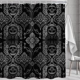 AMBZEK Black Skull Damask Shower Curtain 72Wx72L Inch Gothic Skeleton Antique Victorian Baroque Vintage Floral Spooky Artwork Cloth Fabric Waterproof Polyester Bathroom Decor Set with 12 Pack Hooks