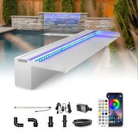 LONGRUN Stainless Steel Waterfall Spillway, APP Control Multi-Color LED Light Outdoor Pool Fountain, Water Spillway Koi Pond Waterfalls Fountains Kit for Garden Patio Swimming Pool Decoration-23.6"