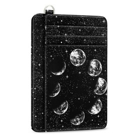 Yonlevres Credit Card Holder Slim Wallet, Moon Lunar Black RFID Wallet Women Front Pocket Small Card Holder, Travel Cute Funny Thin Card Case ID Window PU Leather RFID Blocking Card Organizer Gifts