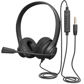 Wired Stereo Leather Headset with Rotating Noise-Canceling Boom Microphone, in-Line Controls, 3.5mm Jack, 7ft Cable for PC and Laptop Black