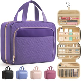 HOTOR Travel Toiletry Bag for Women & Men, Waterproof Makeup Bag with Hanging Hook and Multiple Pockets, Cosmetic Bags for Women, Travel Essentials, 11.2'' x 3.2'' x 8.9'', Dark Purple