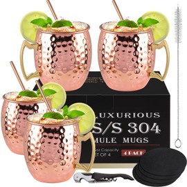 Copa de Bronce de Moscú - 4 Conjuntos de Tazas de Acero Inoxidable - 16 Onzas con Tazas de Cobre de Martillo de Mango, Juegos de Regalos Exquisitos. (Gold)