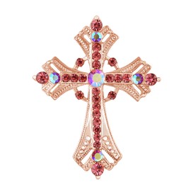 Alilang Silver Tone Cross Gorgeous Rhinestones Costume Pin Brooch Victorian Gothic Holy Church Religious,Rose Gold with Pink Crystal