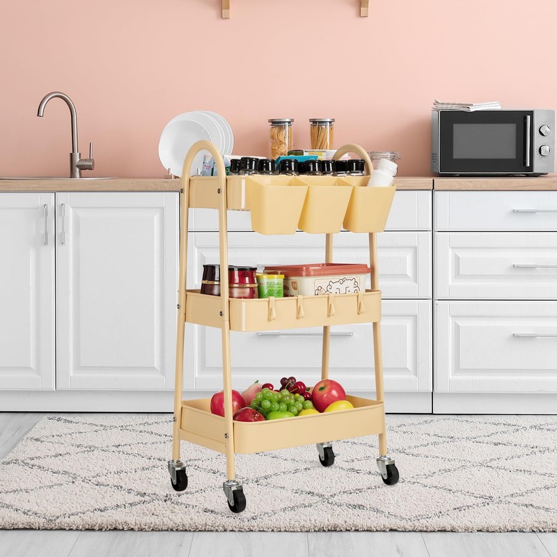 danpinera 3-Tier Rolling Cart, Utility Cart Mobile Metal Rolling Storage