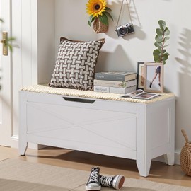 VECELO 43.3" Storage Bench, Entryway Shoe Ottoman, Farmhouse Style Bench with Handwoven Cushion and Metal Safety Hinges, for Bedroom, Living Room, Entryway, White