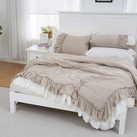 Shabby Chic Bedding Set Boho King Size Comforter Set 2 Layers Ruffles Bedroom Home Decor Ultra Soft Microfiber Taupe Bed Set Farmhouse Down Comforter Bohemian White Ruffled Quilt Set for Girls Women…