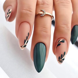 LPOODDNU Almond Press on Nails - Dark Green Medium Fake Nails with Leaf Designs, Glossy Finished Reusable False Nails with Double Adhesive Glue Tabs - 24Pcs Nail Kit for Women Manicure