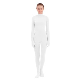 SUPRNOWA Women's Jumpsuit Bodycon Full Body Footed Unitard Long Sleeve Bodysuit with Zipper Comfortable Spandex One-Piece Dance Costume (M, White Footed with Hand)