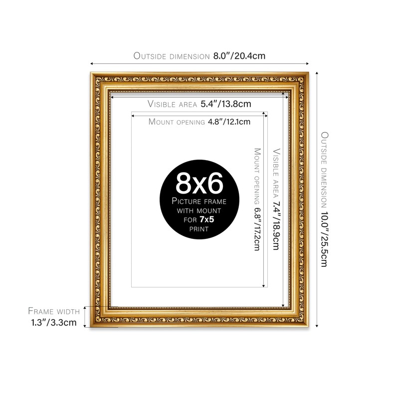 8x6 Gold Ornate Photo Frame With White Mat For 7x5