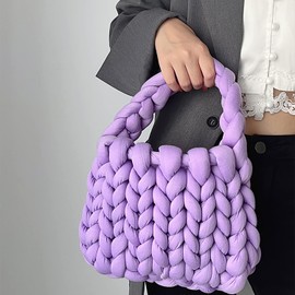 Thick Bulky Giant Wool Handwoven Handbag,Chunky Yarn Knit Shoulder Bag,Casual Soft Shopper Purse,Braided Knot DIY Bucket Bag (Purple)