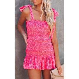chouyatou Women's Summer Floral Spaghetti Strap Square Neck Ruffle Tie Mini Smocked Dress (X-Small, Hot Pink)