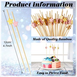 200 Counts Star Cocktail Picks Wooden Toothpicks Cocktail Sticks Handmade Bamboo Appetizers Star Food Toothpicks for Food Drinks Wedding Birthday Party, Gold and Rose Gold Star (4.7 Inch)
