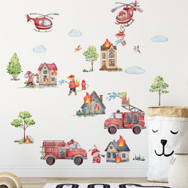 Runtoo Fire Truck Wall Decals Engine Transport Vehicle Wall Stickers Helicopter Firefighter Wall Decor for Boys Room Kids Bedroom Playroom Classroom