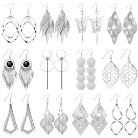 Hicarer 12 Pairs Bohemian Long Drop Dangle Earrings, Silver, 12 , Ideal for Women, Girls, Birthdays, Anniversaries, Mother's Day, Valentine's Day