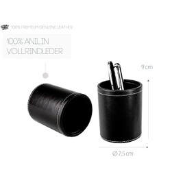 Delmon Varone - Pen Holder Made of Vintage Aniline Leather, Black, Genuine Leather Pen Cup with PU Inner Lining and Non-Slip Fleece Base, Elegant Round Pen Holder for Desk and Office