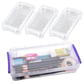 Pack of 4 Stackable Transparent Pen Box, Multifunctional Pencil Boxes, Plastic with Snap Closure, Storage Box, Office Desk Organiser for Brushes, Stationery, Watercolour Pen