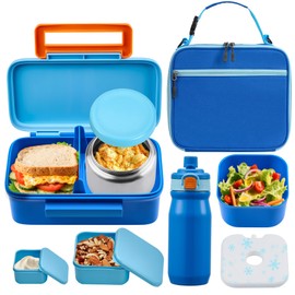 PIQUEBAR Kids Lunch Bento Box with Thermo Ice Pack Food Container with Insulated Lunch Bag, Insulated Water Bottle with Straw for Girls Boys, Blue