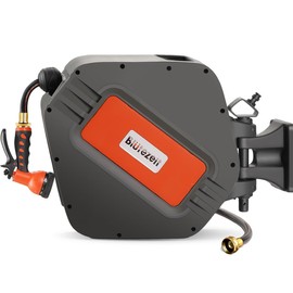 Blütezeit Retractable Garden Hose Reel, 1/2'' x 65ft+6ft Hose Reel Wall Mount with 9 Function Nozzle | Any Length Lock | 180° Swivel Bracket | Automatic Slow Rewind Self-Winding