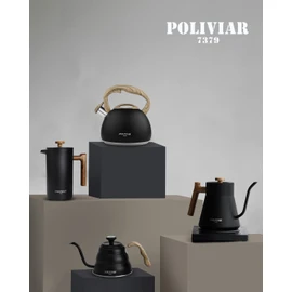 Poliviar Modern Kettle Induction Whistling Kettle Stainless Steel Tea Kettle for All Hobs Whistling Kettle with Wooden Handle Kettle for Tea Coffee Approx. 3 Litres Black (JX2018-WB20-DE)
