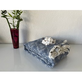 100% Cotton Muslin Blanket, Aztec Desigen 4 Layers Bedspread, Soft Turkish Cotton Muslin Bed Cover, Reversible Coverlet, (Blue)