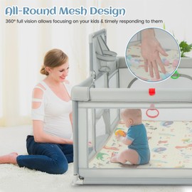 INFANS Baby Playpen, 74” x 62” Extra Large Baby Play Yard with Crawling Mat, 50 Ocean Balls, 4 Pill Up Rings, Basketball Hoop and 2 Football Gates for Toddlers, Indoor Activity Center (Dark Gray)