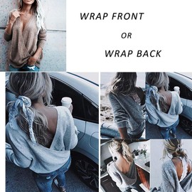 softome Backless Crewneck Sweaters for Women Long Sleeve Soft Knit Pullover Casual Loose Jumper Tops Grey Blue 3X-Large