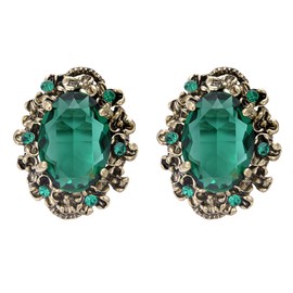 BriLove Women's Victorian Style Crystal Floral Cameo Inspired Oval Stud Earrings Emerald Color Antique-Gold-Tone
