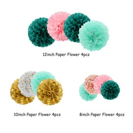 OURUOLA Teal-Pink Gold Party-Decorations Tissue Pom-Poms - 12pcs Sage Green Mint Bridal Shower Paper Flowers Balls for Birthday Engagement Wedding Bachelorette Decor