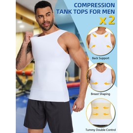 MISS MOLY 2 Pack Gynomastica Tummy Control Undershirt V Neck Compression Shirt for Men Slimming Vest Tank Tops Shapewear 2*White 3XL