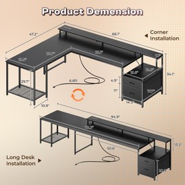 PRAISUN L Shaped Computer Desk with Power Outlets and LED Lights, Home Office Desk with Fabric Drawers and Print Stand, L Shape or Long Set up, Monitor Stand, Mesh CPU Stand, Black