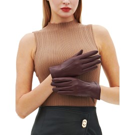 YISEVEN Women's Unlined Leather Gloves Italian Lambskin Three Points Long Cuff Design Hand Warm and Stylish Ladies Dress Driving Motorcycle Work Luxury New Year Gift, Wine Red 6.5"/Small