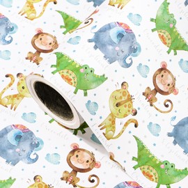 WRAPAHOLIC Kraft Animal Wrapping Paper Roll - Mini Roll - 17 Inch x 16.5 Feet - Cute Monkey, Elephant, Dinosaur Design Perfect for Baby Shower, Kids Girls Boys Birthday