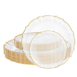 bUCLA 40PCS Clear and Gold Plastic Plates - Fancy Lace-Edge Clear Plates with Gold Trim Hammered Disposable - Include 20 Each(Dinner&Dessert) for Party & Wedding