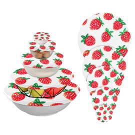 Kcldeci Reusable Bowl Covers in 5 Sizes Watercolor Bright Strawberries 5 Pieces Plate and Food Covers Bowl Covers Dish Plate Covers for Family Outdoor Picnic