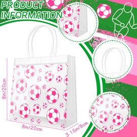 Demonwer 12 Pcs Pink Soccer Clear Goodie Bag with Handles PVC Sport Theme Goodie Treat Candy Bags Reusable Party Favor Bag for Team Birthday Gifts 8×8×3.2 Inch