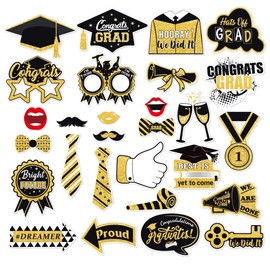 28PCS Graduation Photo Booth Props Kit, Black and Gold Class of 2025 Grad High School College Graduation Party Favors Supplies