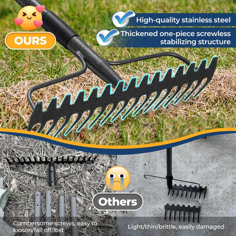 Garden Rake, 17" Extra Wide Double-Sided Head, 63" Heavy Duty