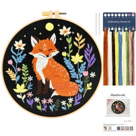 JSRQT Fox Embroidery Kit for Adult Kids, Stamped Design Cross Stitch Starter Kit, Handmade Needlepoint Sewing Embroidery Kit for Craft Lovers, Embroidery Starter Kit for Beginners, DIY Home Decoration