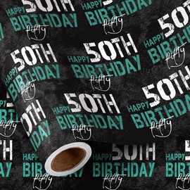 RUSPEPA Birthday Wrapping Paper for Man - Mini Roll - HAPPY 50th BIRTHDAY Text Design for Men's or Father's Birthday Party Gift Wrap and Special Occasions - 17 inches x 16.4 feet - 50 Year Old