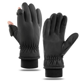 KEYDUACU Winter Gloves, Thickened Ski Driving Hiking Waterproof Warm and Windproof, Can Expose Fingers to Touch the Screen (Black, L)