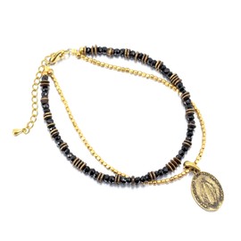 ocean Anklet Black Spinel Cross Maria Medal Coin Gold Brass Ankle Misanga Bangle Men, Stone