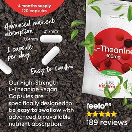 Just Vitamins Just Vitamins High Strength L-Theanine 400mg - 120 Capsules | Pure, Non-GMO | Supports Relaxation, Focus & Stress Relief | Fast Absorption | UK Manufactured | No Additives