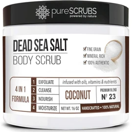 Pure Scrub 퓨어스크럽 프리미엄 코코넛 바디 스크럽 세트 - 에센셜 오일과 영양소가 주입된 대형 16온스 사해 소금 스크럽, 나무 숟가락, 루파 및 오트밀 각질 제거 바 비누 포함 [Lavender] Pure Scrub Premium Coconut Body Scrub Set - Includes Large 16oz Dead Sea Salt Scrub Infused with Essential Oils and Nutrients, Wooden Spoo