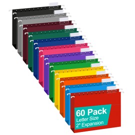 HERKKA Extra Capacity Hanging File Folders, 60 Pack Reinforced Letter Size Hanging Folders with Heavy Duty 2 Inch Expansion, Designed for Bulky Files, Medical Charts, 12 Assorted Colors