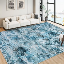 Large 6x9 Area Rugs for Living Room, Boho Abstract Washable Bedroom Rug Non-Slip Low Pile Area Rug Throw Carpet for Dining Room Home, Blue