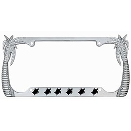 STHANCAT OF TAMPA Turtles Palm Tree Design Stainless Steel Auto License Plate Frame Car Tag Holder, Multiple Colors (A Chrome/Black)