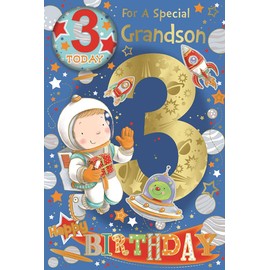 Grandson 3rd Birthday Card & Badge - Gold Foil 3 & Boy in Space 9" x 6"