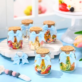 Funnymoom 24 Sets Baby Shower Favors for Guests Glass Baby Shower Bottles 100 ml Milk Jar with Ribbons and Stickers Decorations for Gender Reveal Newborn Centerpiece Party Favor (Blue,It's A Boy)